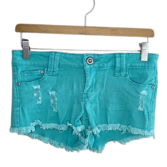 Y2K Blue Asphalt Turquoise Distressed Low Rise Shorts 2" Inseam Fray Hem Size 3 - Picture 1 of 4